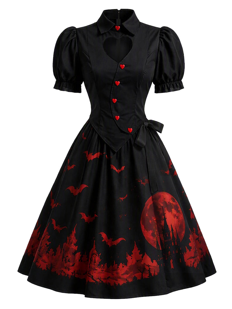 [Pre-Sale] Black 1950s Bat Moon Print Heart Cutout Swing Dress