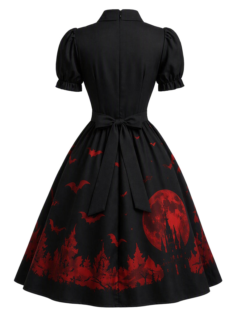 [Pre-Sale] Black 1950s Bat Moon Print Heart Cutout Swing Dress