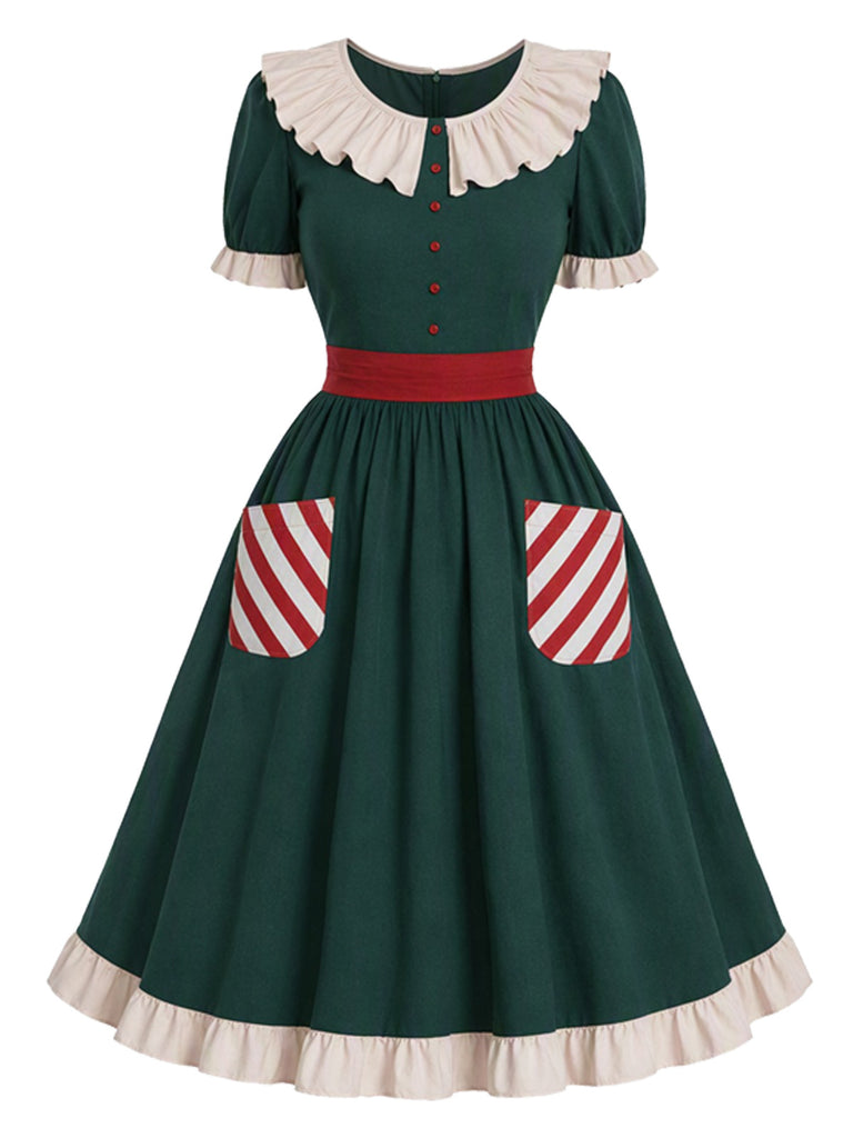 [Pre-Sale] 1950s Christmas Ruffle Red Green Midi Dress 2