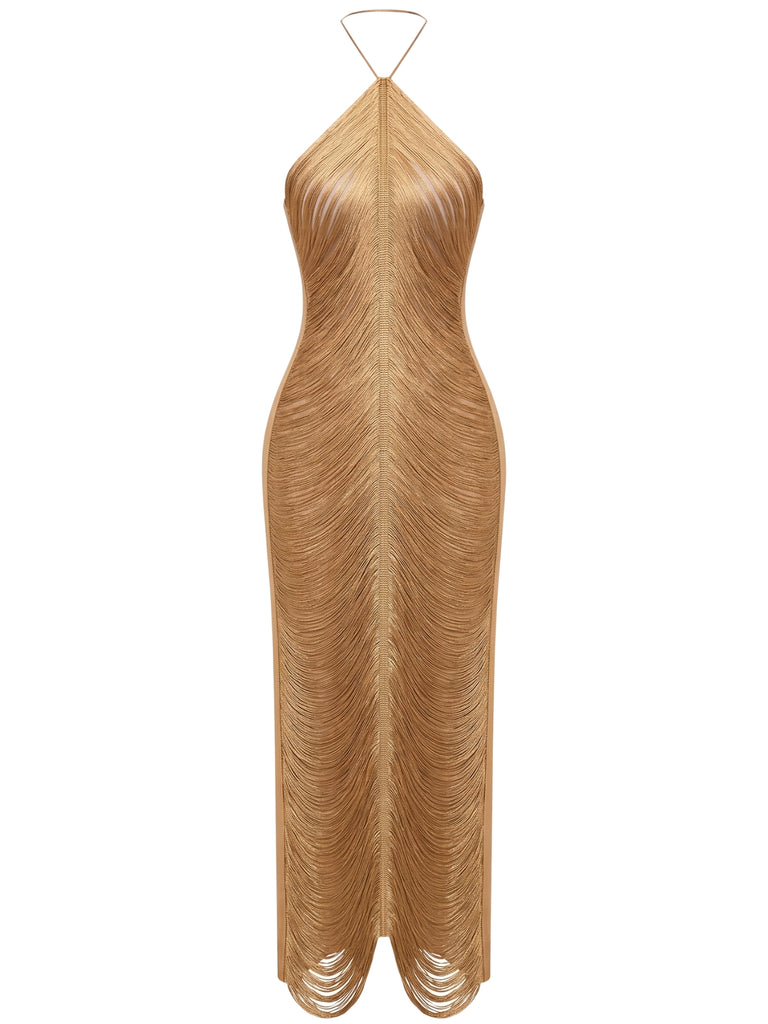 Fringe Halter Back Slit Evening Maxi Dress 3