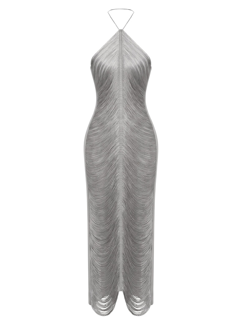 Fringe Halter Back Slit Evening Maxi Dress 10