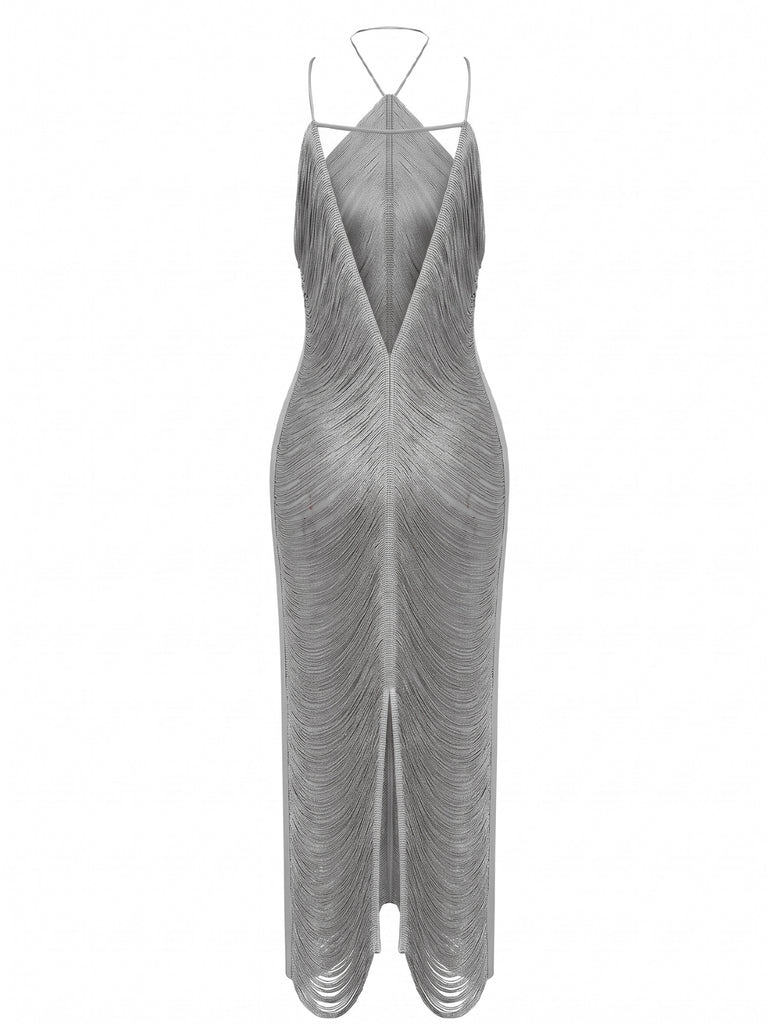 Fringe Halter Back Slit Evening Maxi Dress 11