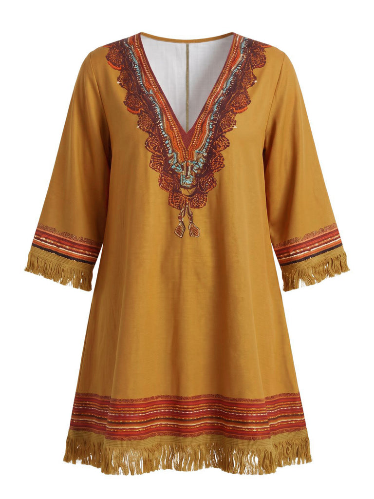 Brown 1970s V-Neck Boho Tassel Fringe Dress