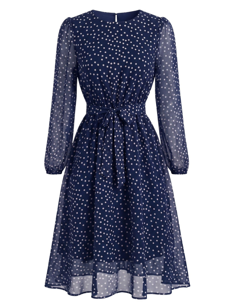 1940s Round Neck Polka Dot Chiffon Belted Dress