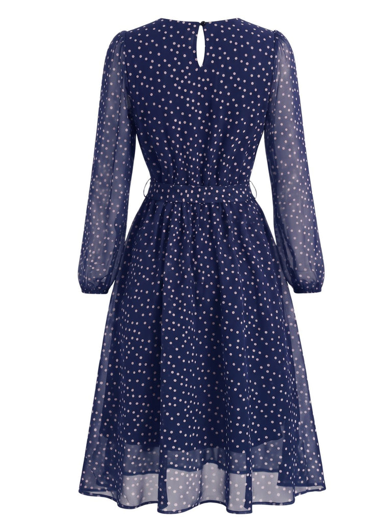 1940s Round Neck Polka Dot Chiffon Belted Dress