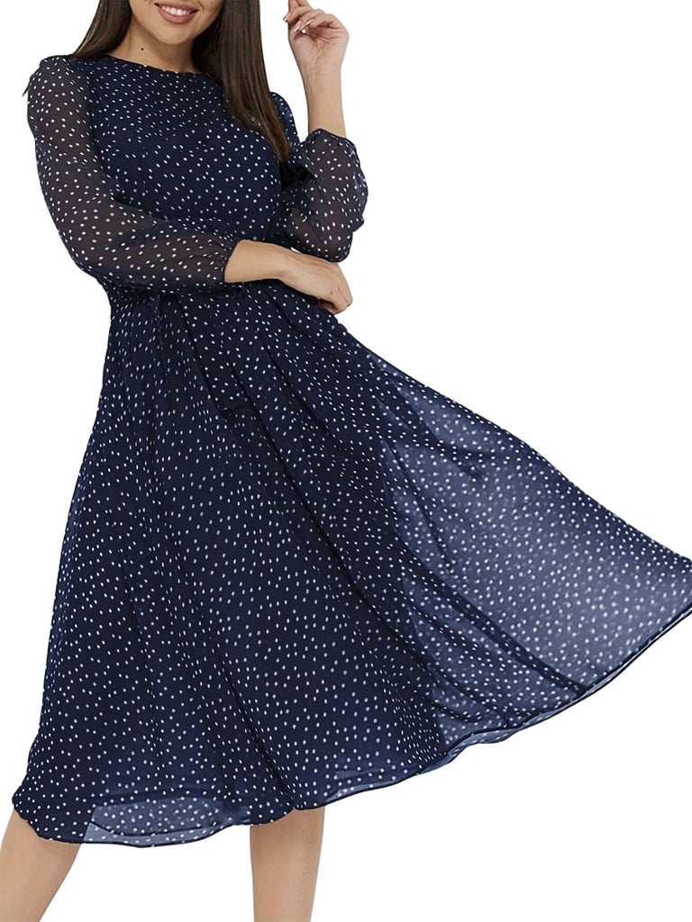 1940s Round Neck Polka Dot Chiffon Belted Dress