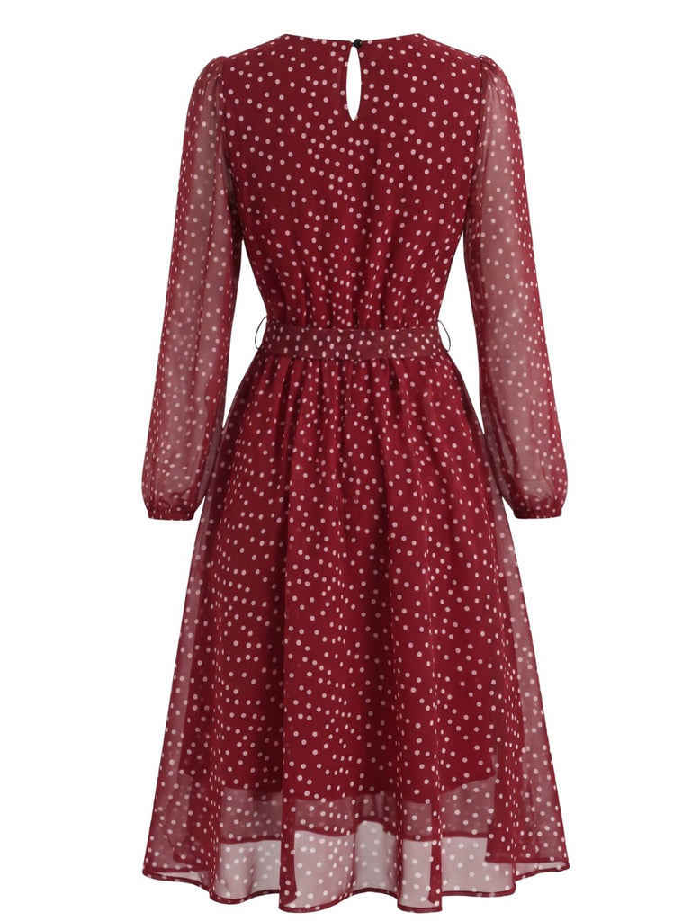 1940s Round Neck Polka Dot Chiffon Belted Dress