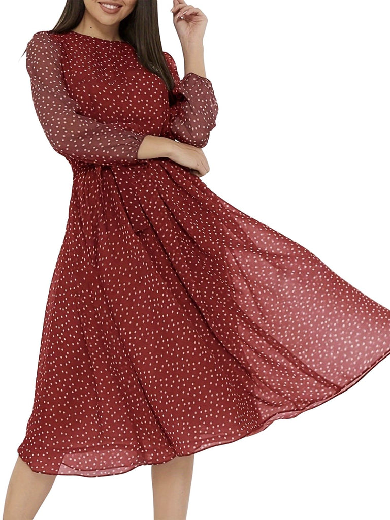 1940s Round Neck Polka Dot Chiffon Belted Dress