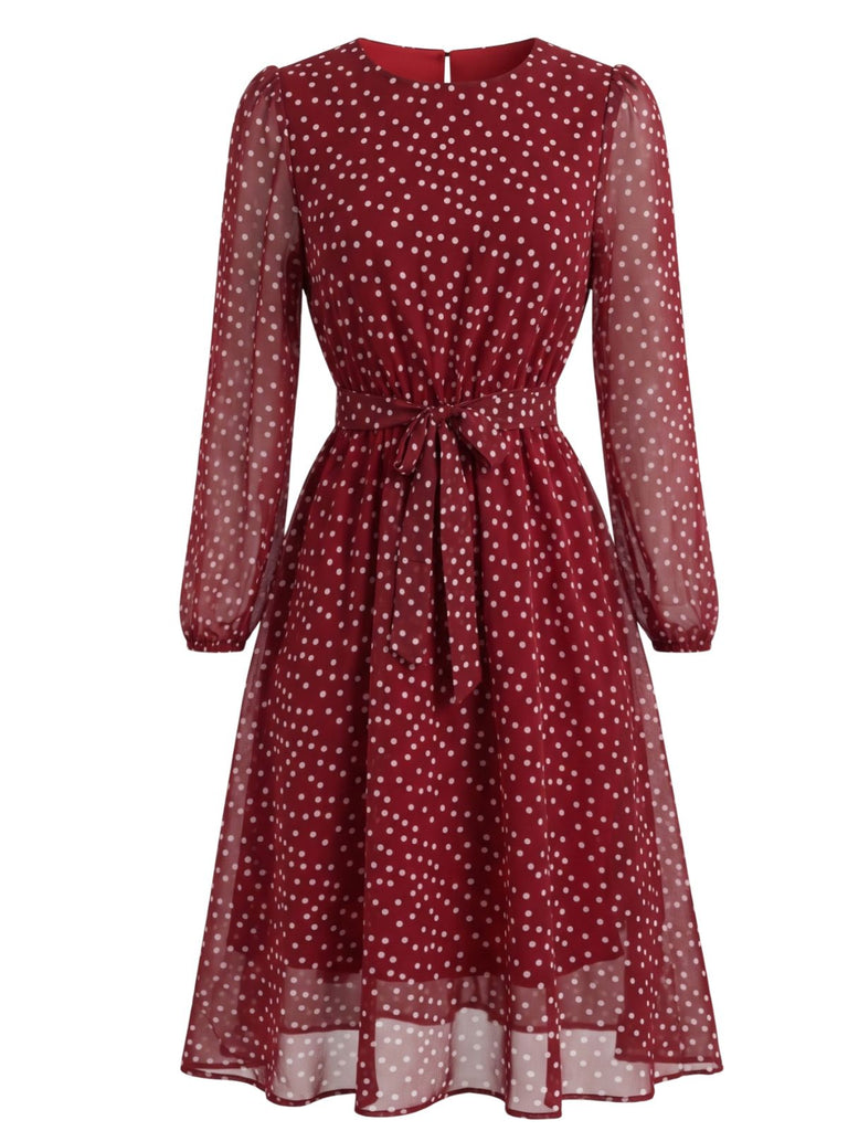 1940s Round Neck Polka Dot Chiffon Belted Dress