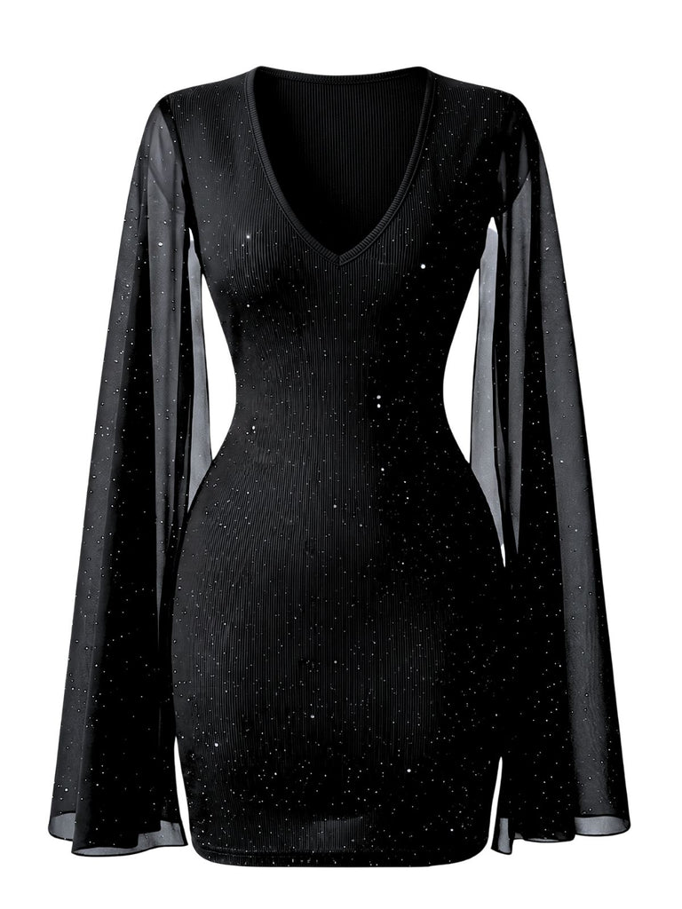 Black 1960s Round Neck Pearl Chiffon Bodycon Cape Dress
