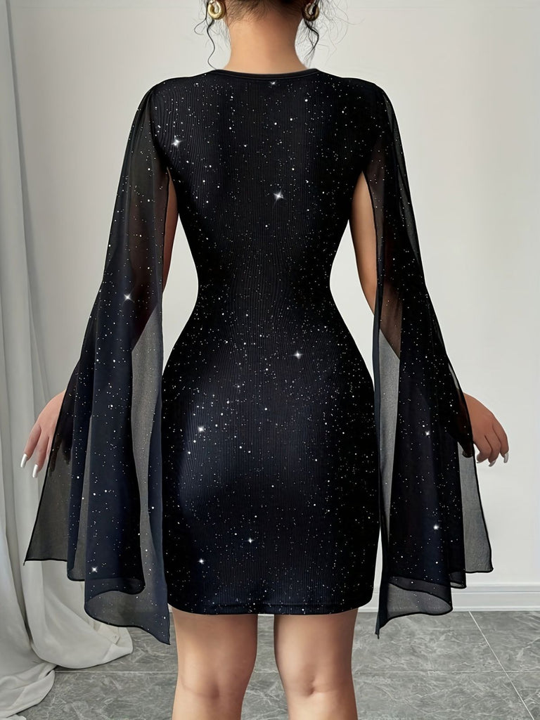 Black 1960s Round Neck Pearl Chiffon Bodycon Cape Dress