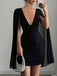 Black 1960s Round Neck Pearl Chiffon Bodycon Cape Dress