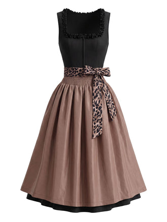 Brown 1950s Ruffled Square Neck Dress & Leopard Apron