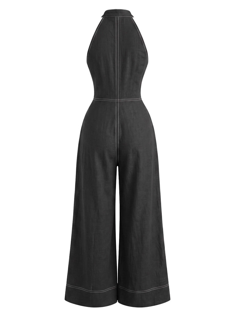 1940s Halter Wide-Leg Denim-Look Jumpsuit