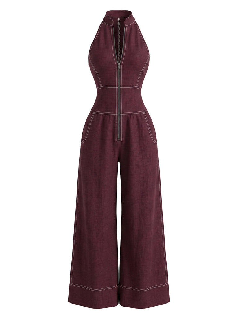 1940s Halter Wide-Leg Denim-Look Jumpsuit