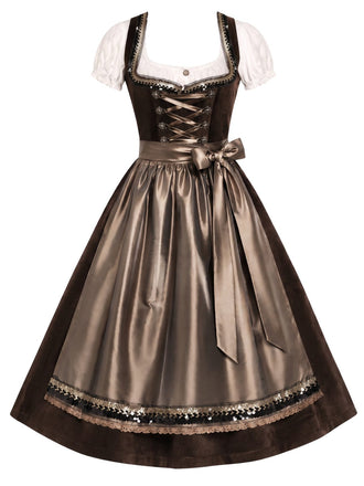 [Pre-Sale] Brown 1950s Lace Up Square Neck Dress & Apron & Puff Sleeve Top