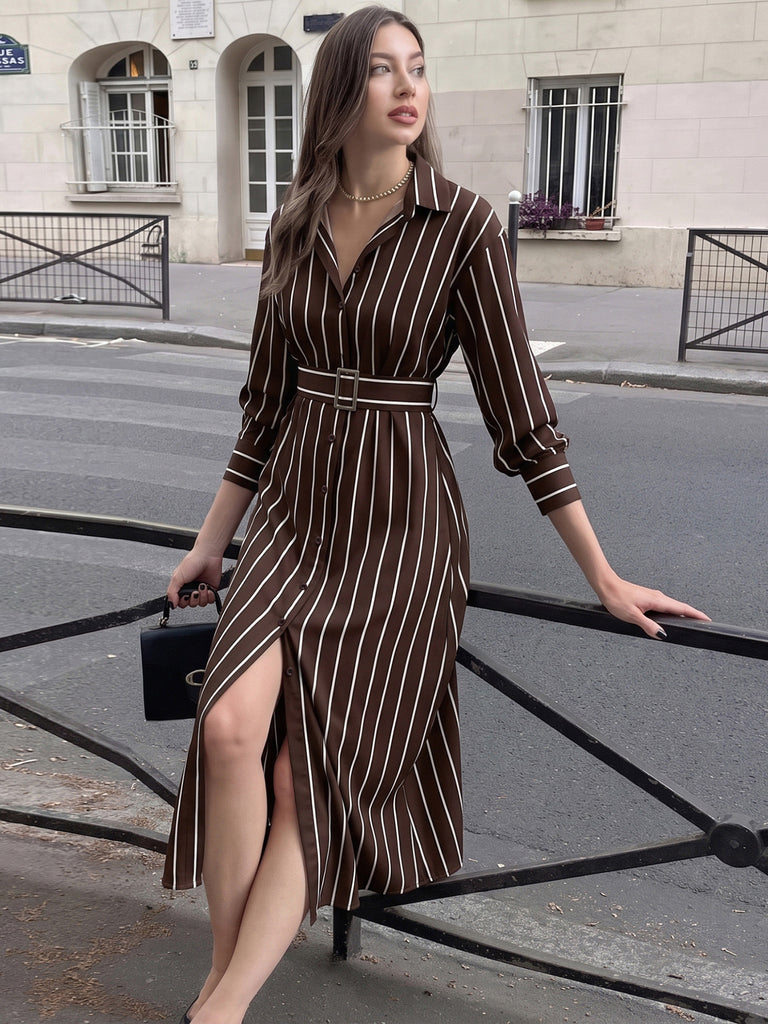 Dark Brown 1970s Striped Dress 1