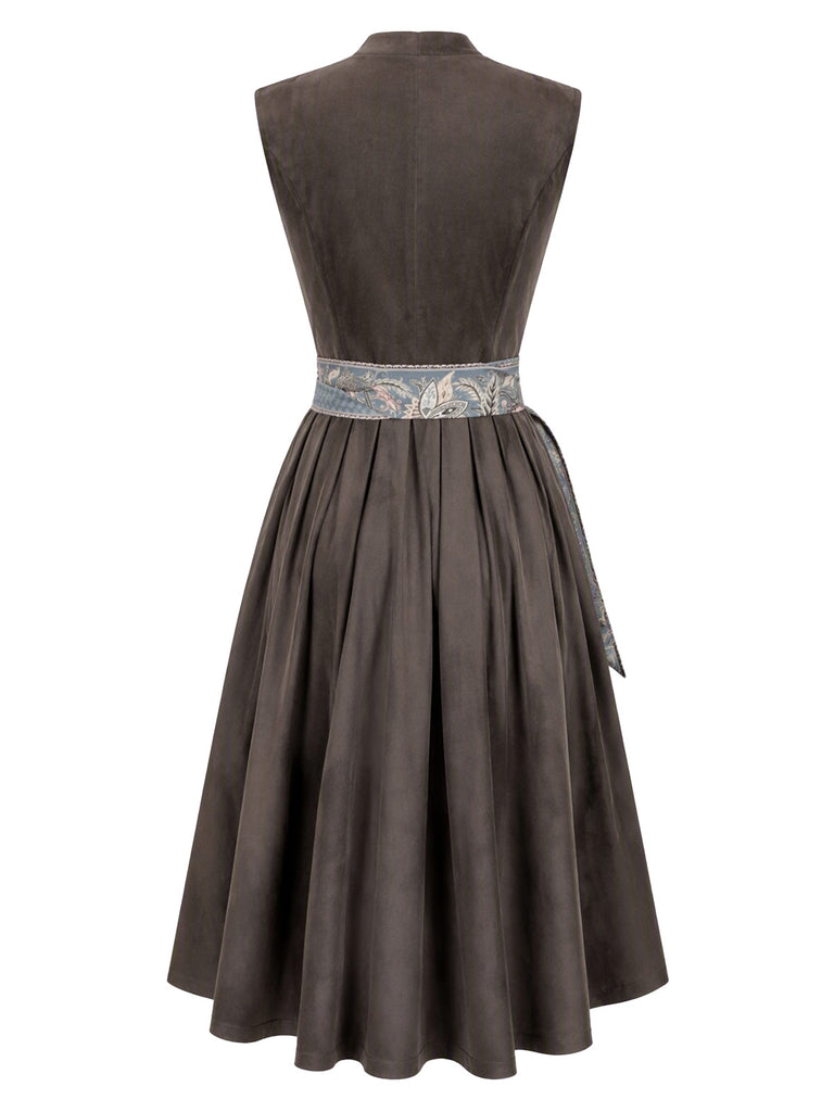 Gray 1950s Faux Suede Square Neck Dress & Floral Stripe Apron