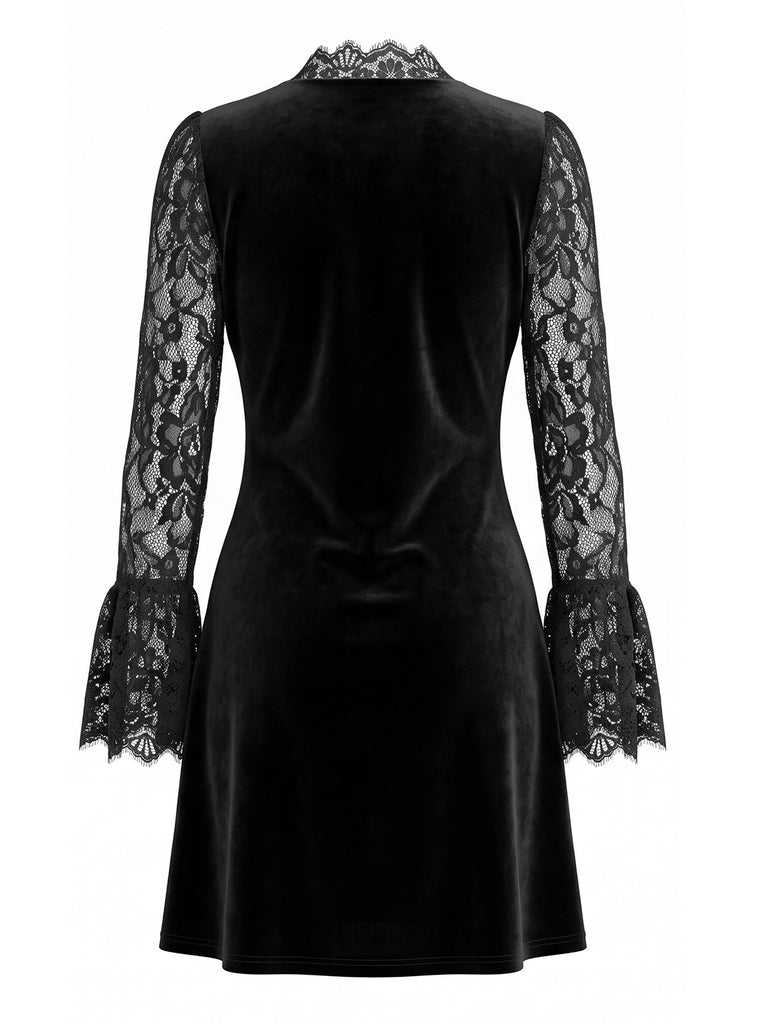 Velvet Lace Trim V Neck Mini Dress 2