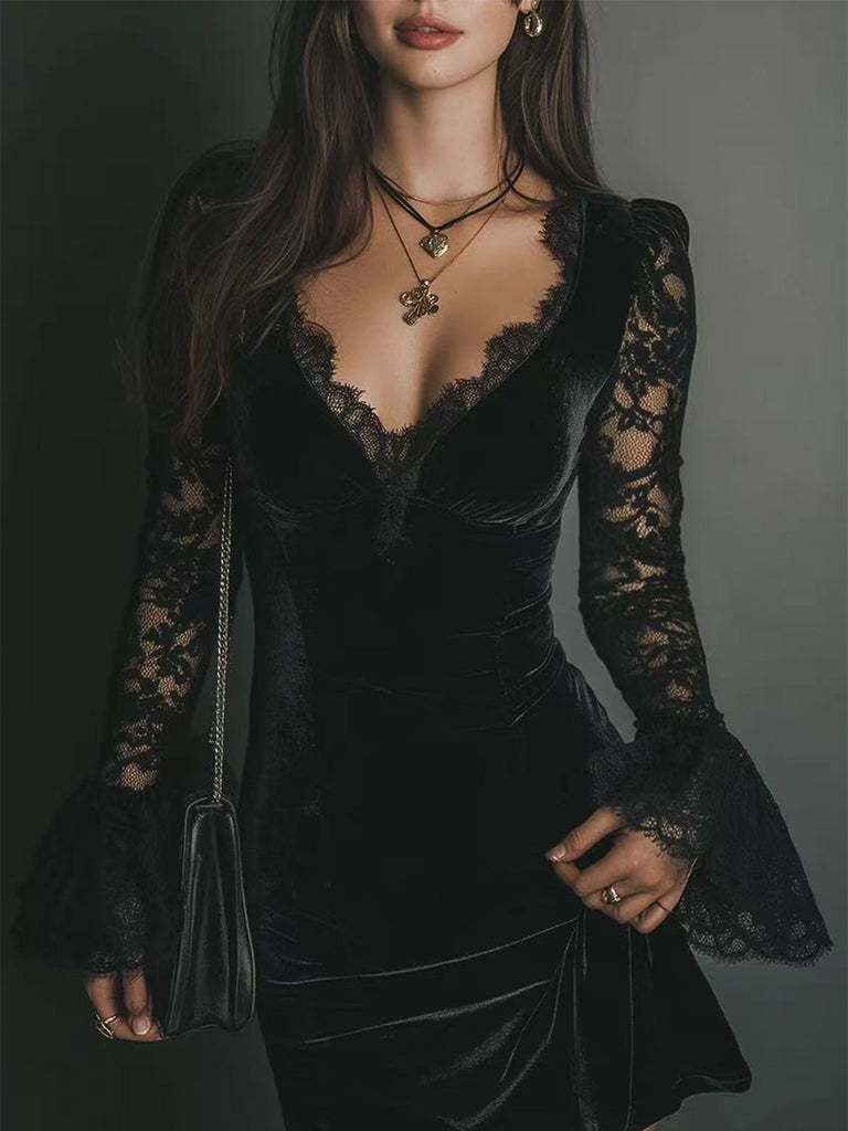 Velvet Lace Trim V Neck Mini Dress 3