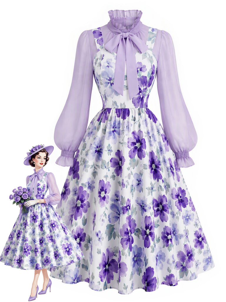 [Pre-Sale] 2PCS 1950s Bow-Tie Neck Blouse & Ditsy Floral Dress