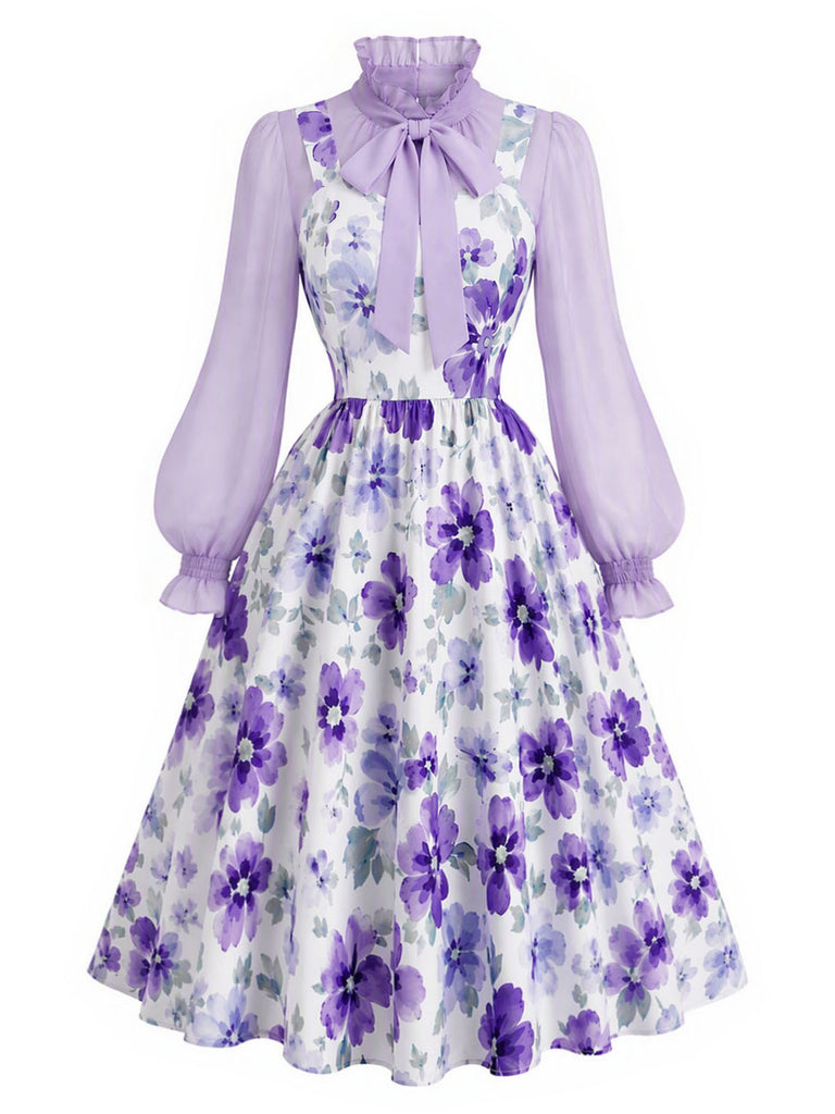 [Pre-Sale] 2PCS 1950s Bow-Tie Neck Blouse & Ditsy Floral Dress