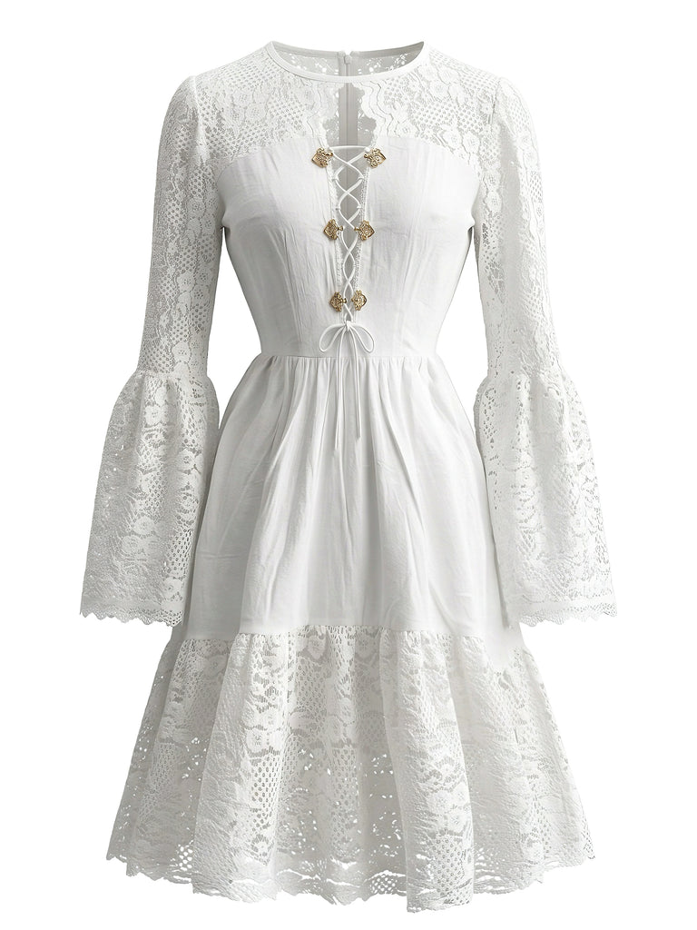 White 1980s Vintage Lace Up Bell Sleeve Midi Dress