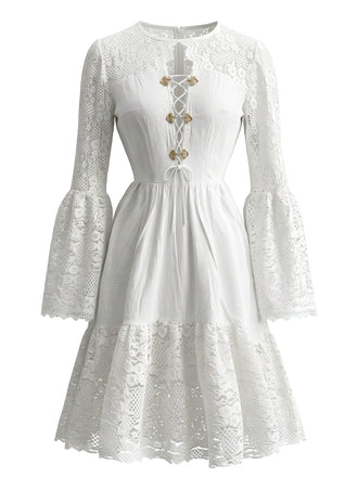 White 1980s Vintage Lace Up Bell Sleeve Midi Dress