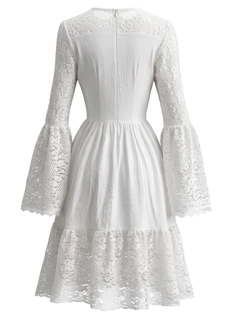 White 1980s Vintage Lace Up Bell Sleeve Midi Dress