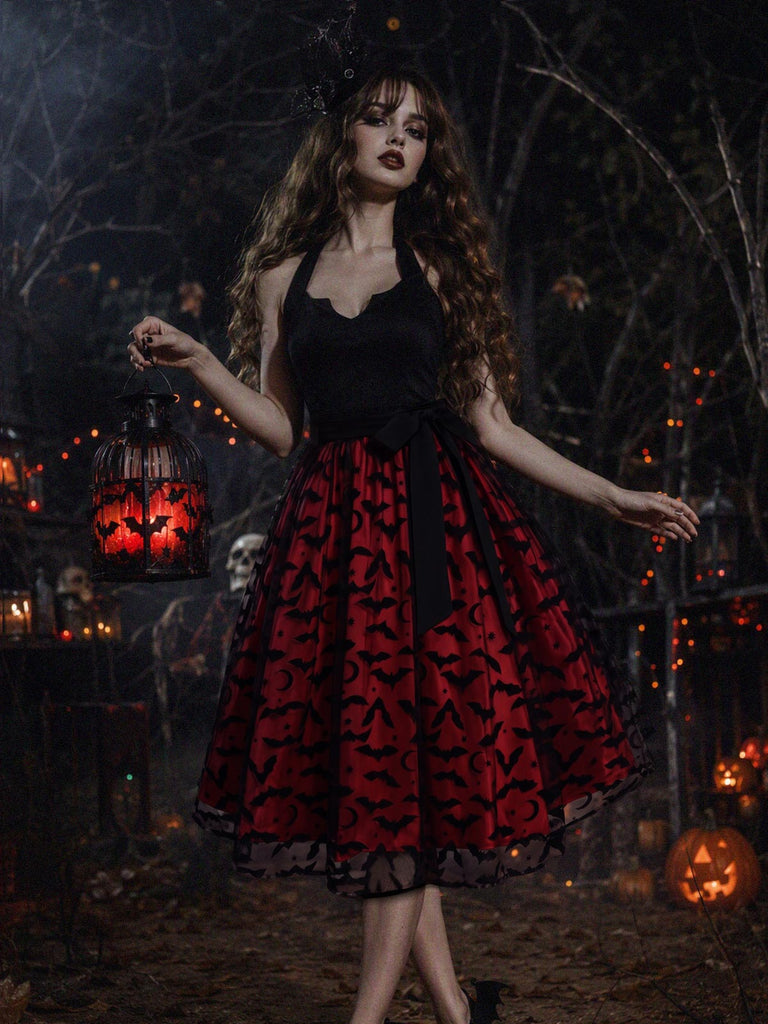 [Pre-Sale] Red & Black 1950s Halter Halloween Bat Tulle Bow Dress