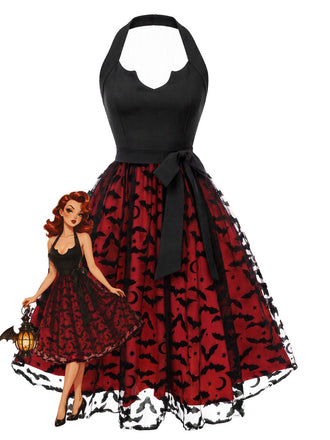 [Pre-Sale] Red & Black 1950s Halter Halloween Bat Tulle Bow Dress