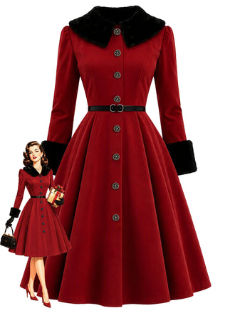 红黑拼色 1950s Christmas Faux Fur Dress 1