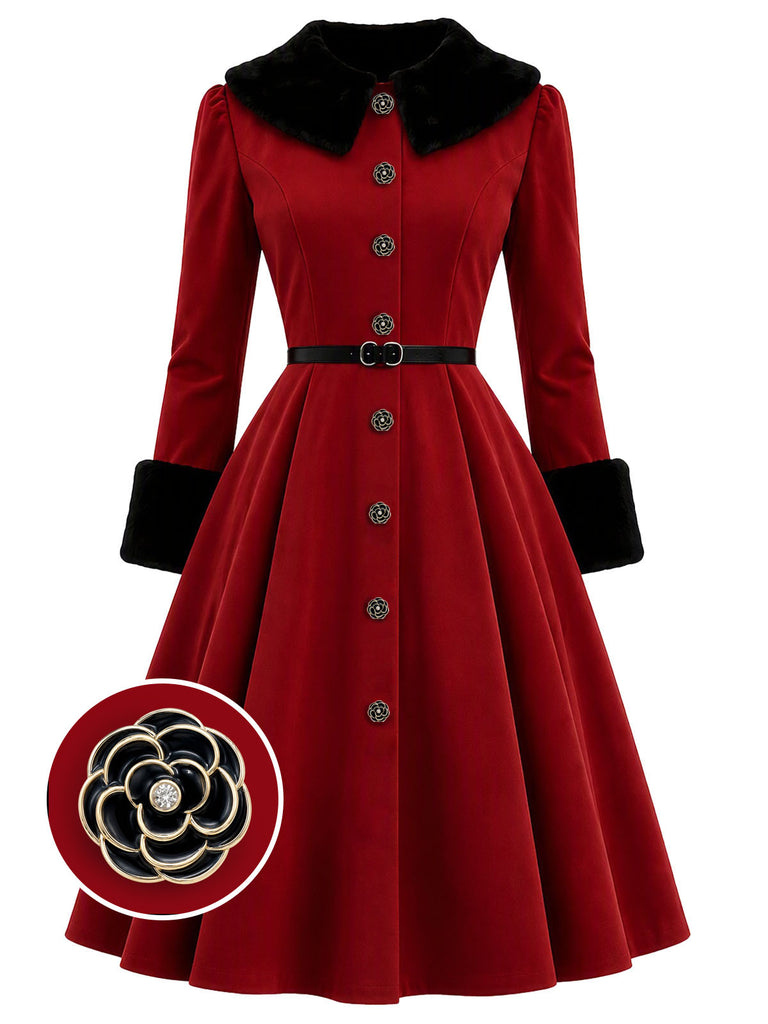 红黑拼色 1950s Christmas Faux Fur Dress 2