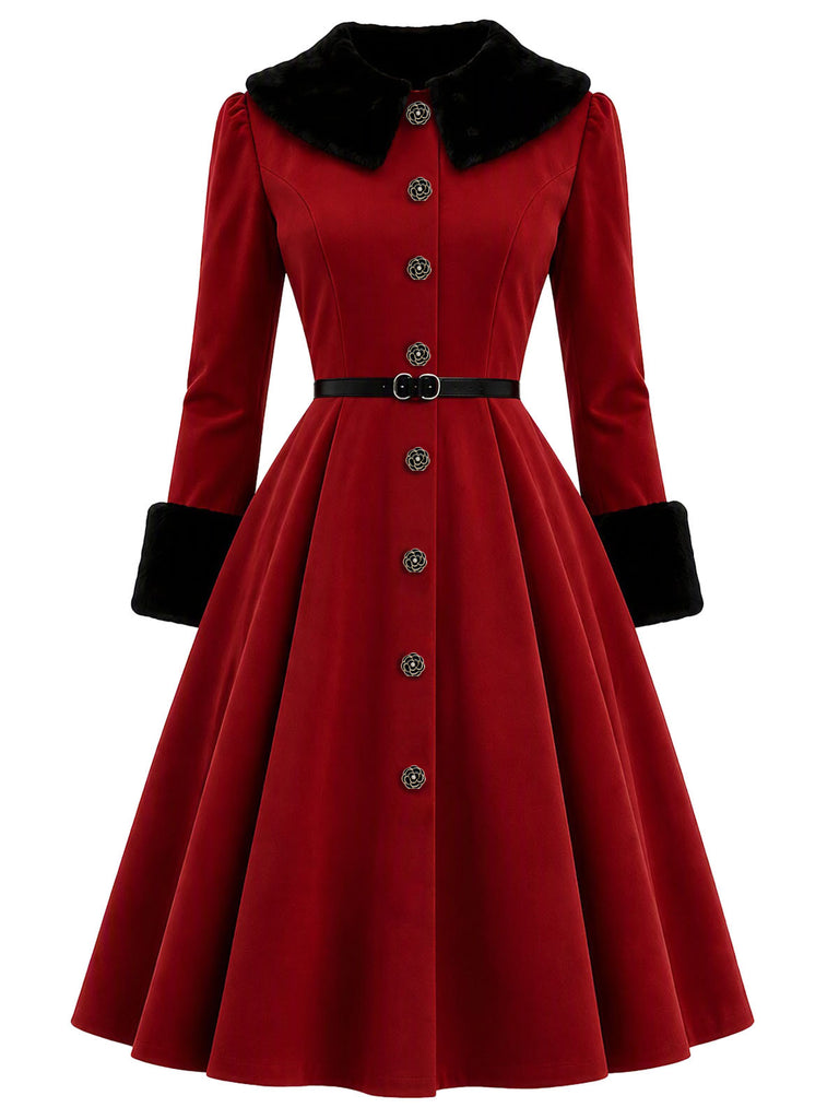 红黑拼色 1950s Christmas Faux Fur Dress 3