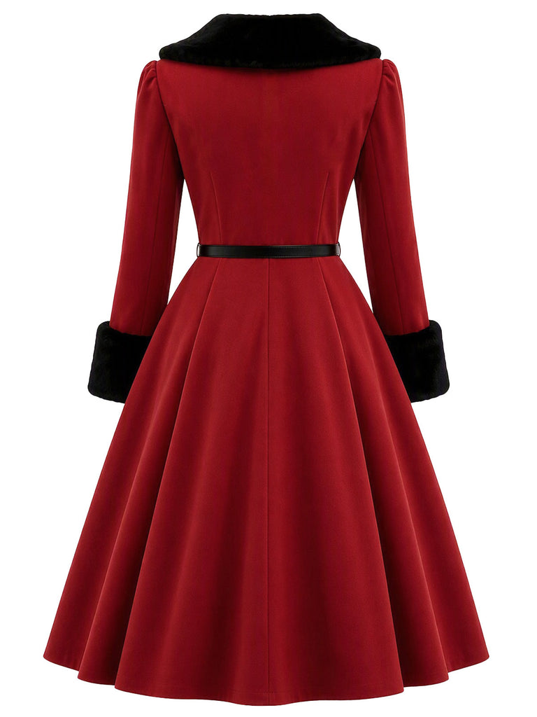 红黑拼色 1950s Christmas Faux Fur Dress 4