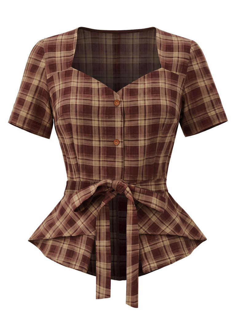 [Pre-Sale] 1950s Brick Red Plaid Sweetheart Neck Blouse 2