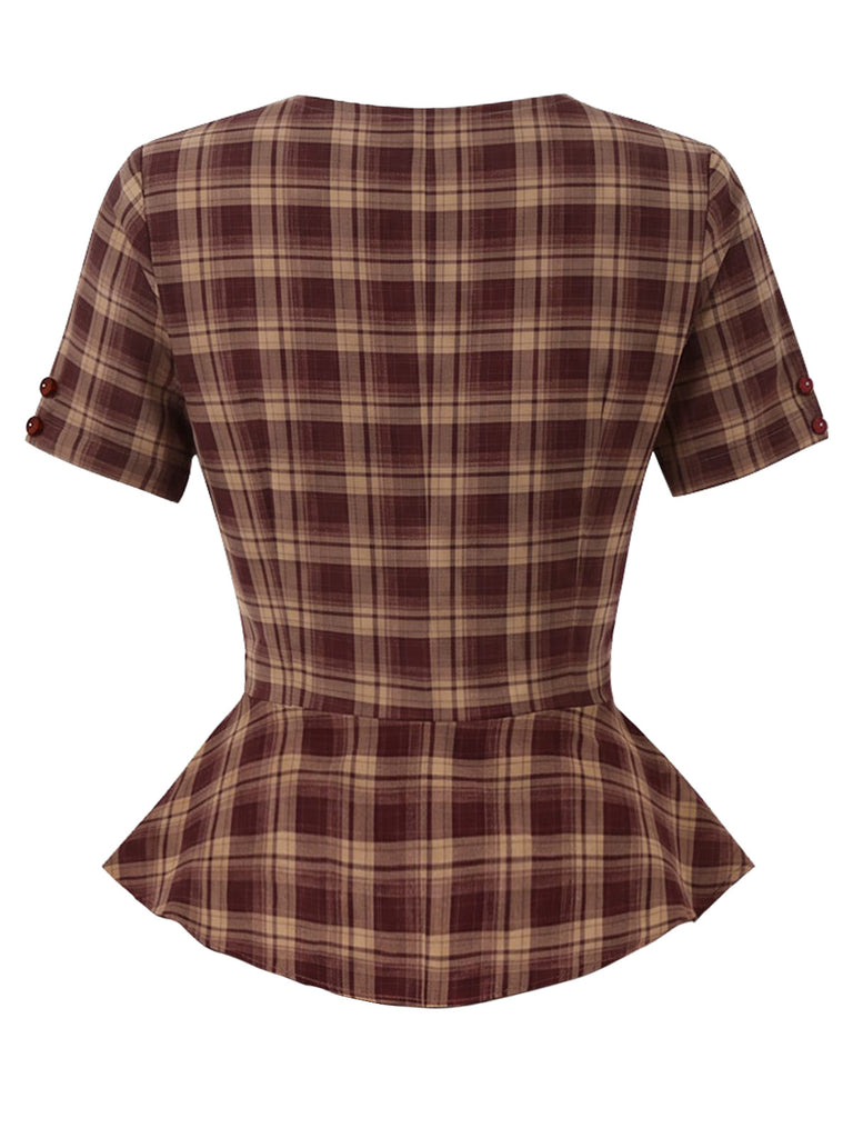 [Pre-Sale] 1950s Brick Red Plaid Sweetheart Neck Blouse 4