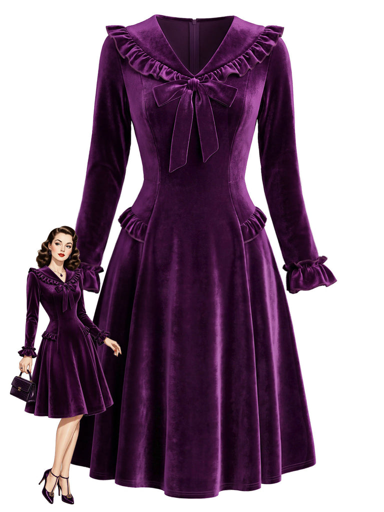 [Pre-Sale] 1960s Purple Velvet Ruffle Collar Midi Dress 1