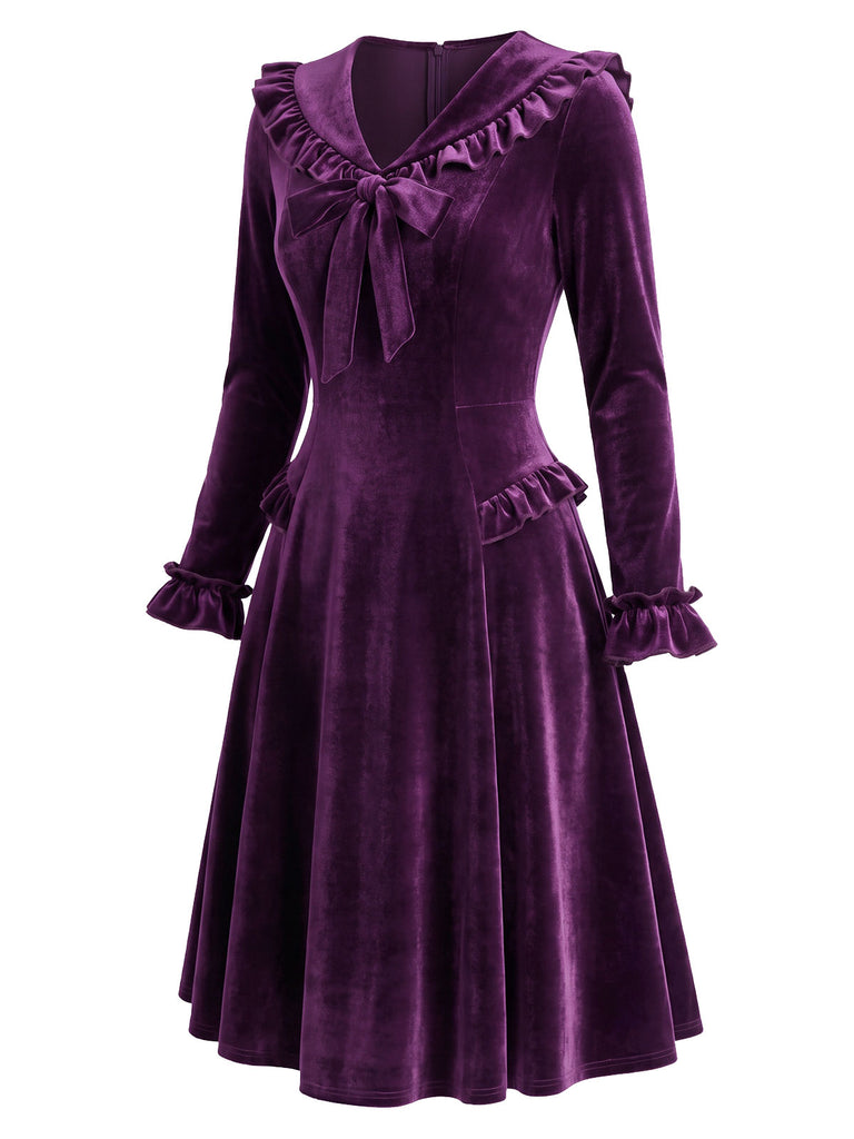 [Pre-Sale] 1960s Purple Velvet Ruffle Collar Midi Dress 4