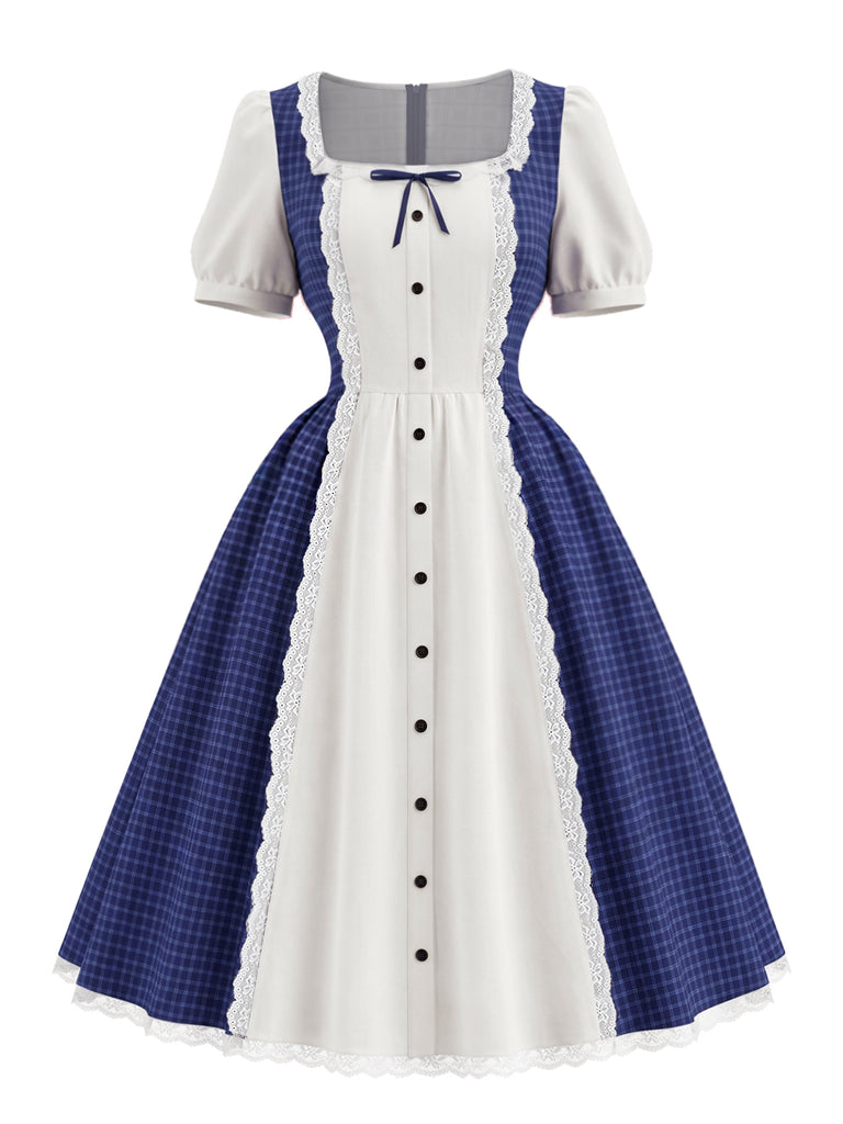 蓝白拼色 1950s Plaid Square Neck Dress 2