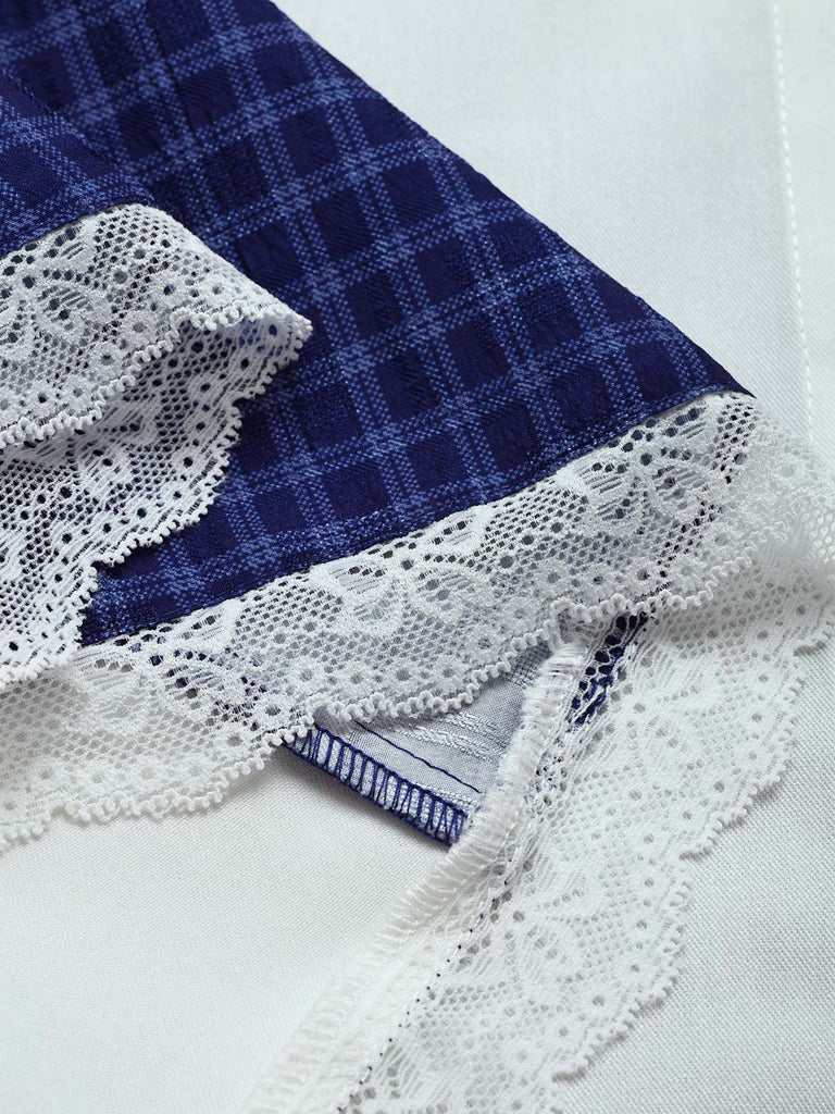 蓝白拼色 1950s Plaid Square Neck Dress 5