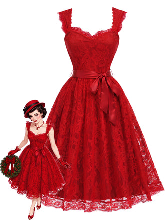 Orange Red 1950s Lace Dress 1