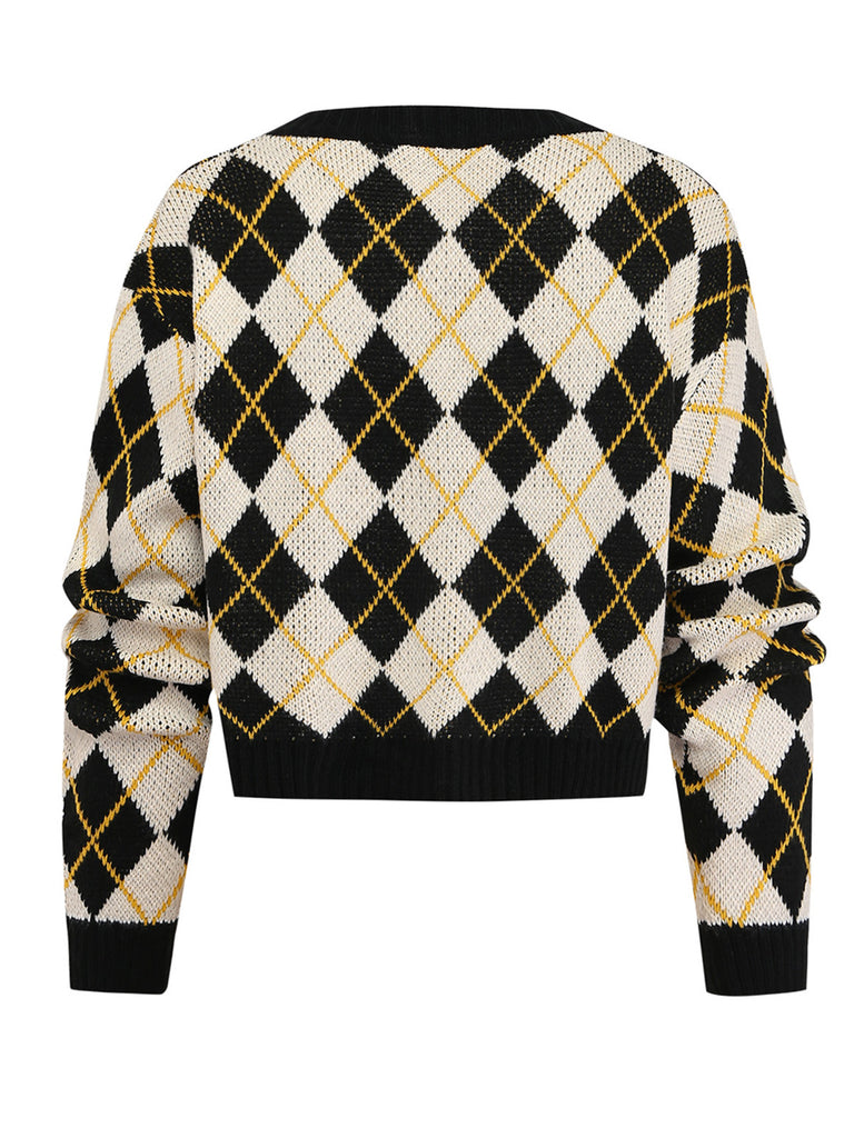 Color Block Diamond Knit Cropped Cardigan 2