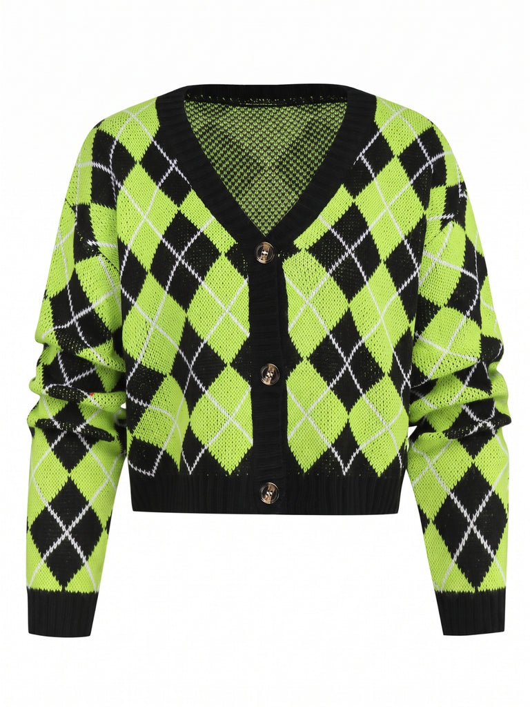 Color Block Diamond Knit Cropped Cardigan 9
