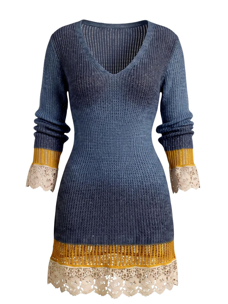 Blue 1960s Contrast Lace Trim V Neck Knit Mini Dress