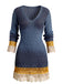Blue 1960s Contrast Lace Trim V Neck Knit Mini Dress