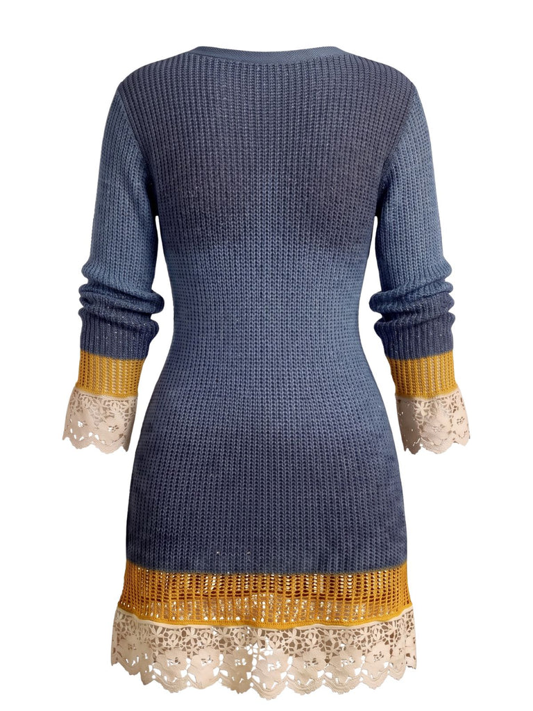 Blue 1960s Contrast Lace Trim V Neck Knit Mini Dress