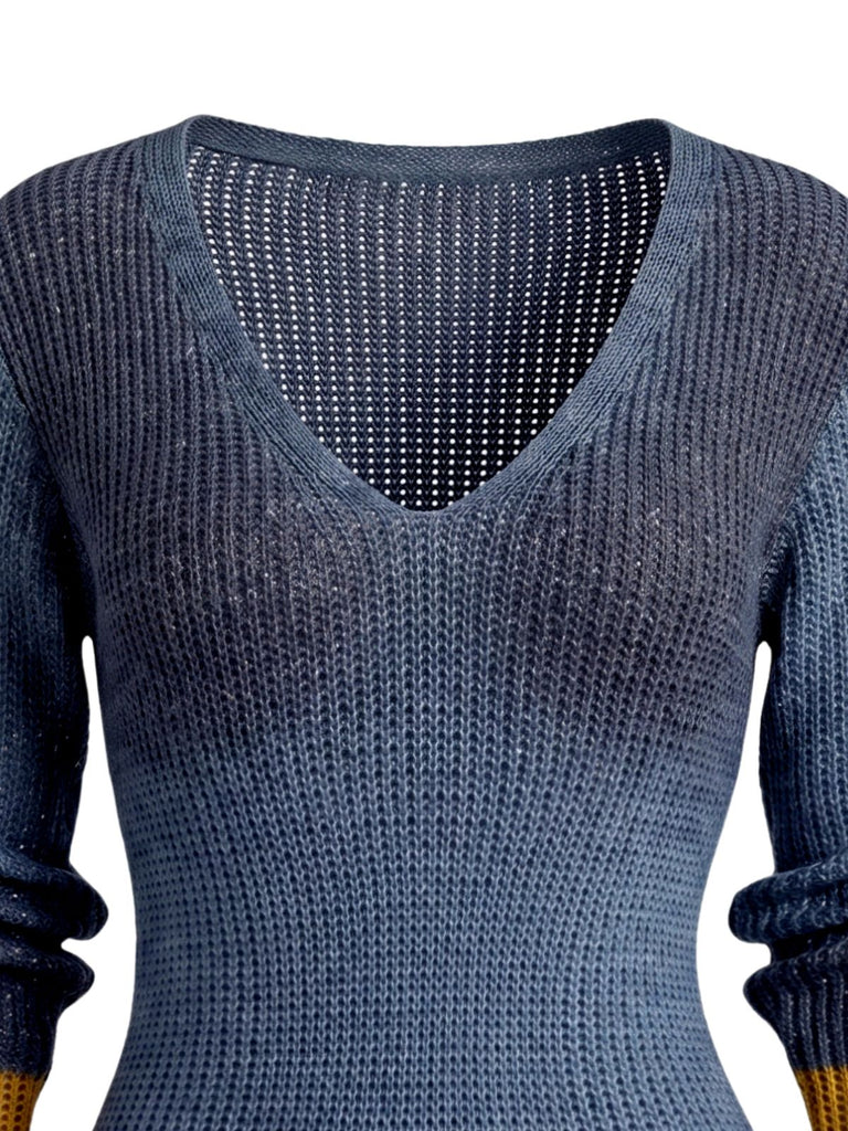Blue 1960s Contrast Lace Trim V Neck Knit Mini Dress