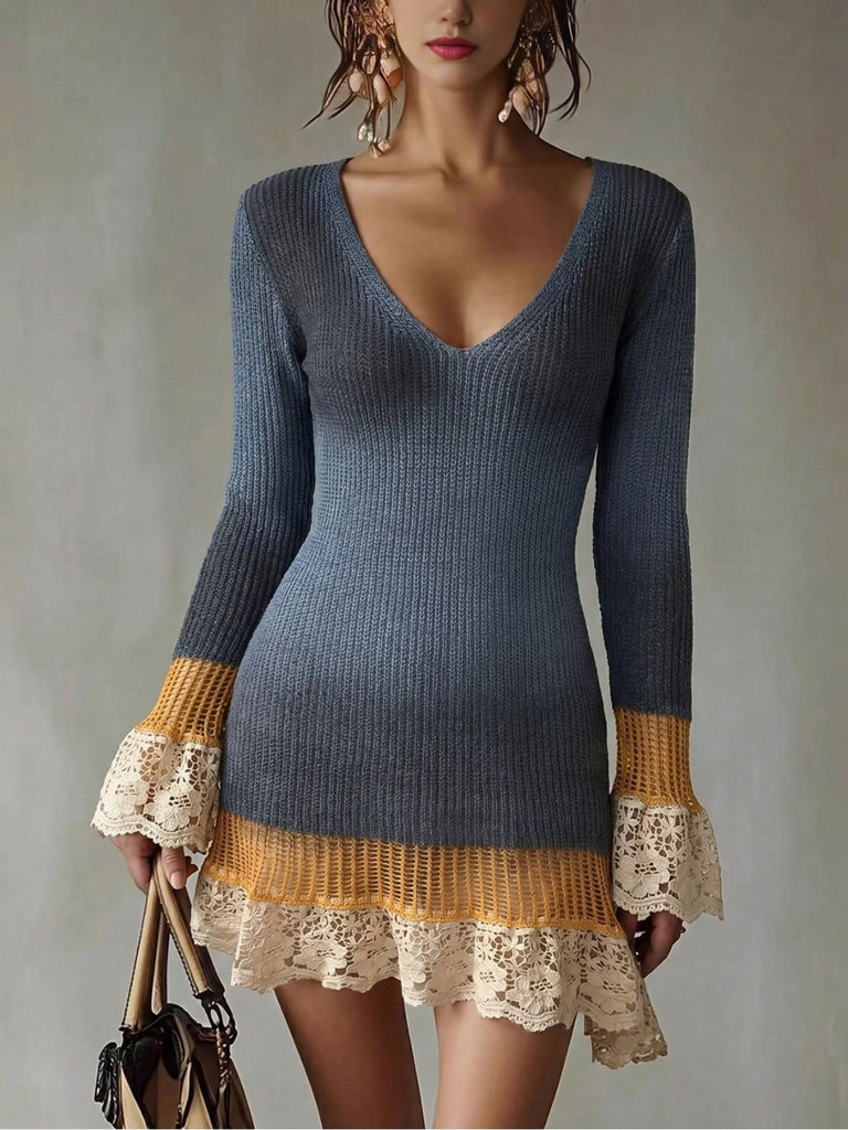 Blue 1960s Contrast Lace Trim V Neck Knit Mini Dress