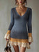 Blue 1960s Contrast Lace Trim V Neck Knit Mini Dress